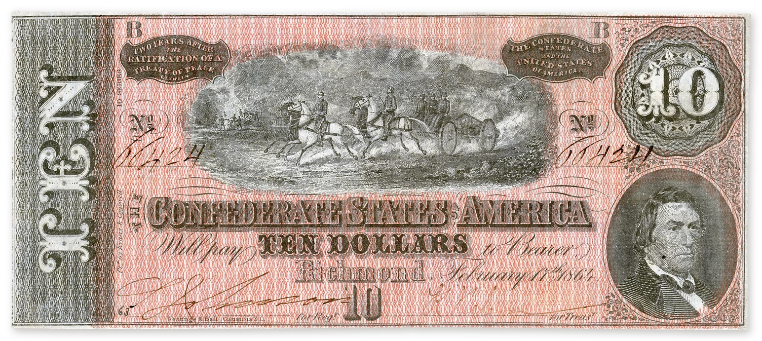 A genuine 1864 Confederate States of America $10 note, type T-68, with a horse-drawn artillery vignette and R.M.T. Hunter