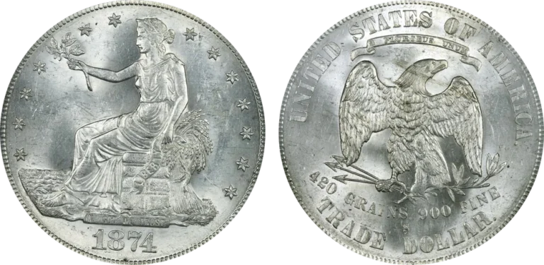 1874-S Trade dollar, obverse with Liberty seated on bales and reverse with eagle, 420 GRAINS 900 FINE and S mint mark