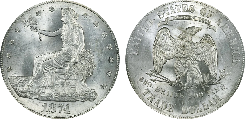 1874-S Trade dollar, obverse with Liberty seated on bales and reverse with eagle, 420 GRAINS 900 FINE and S mint mark