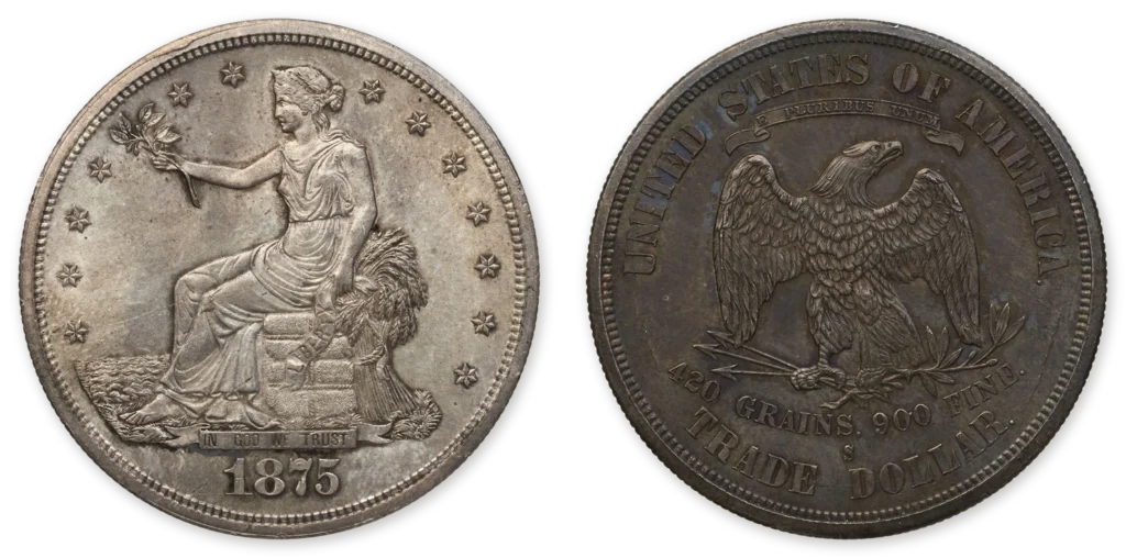 Obverse and reverse of an 1875-S United States Trade dollar with the S mint mark above the word DOLLAR, at true relative size