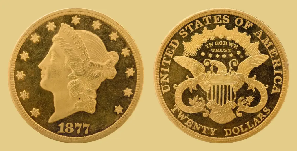 Obverse and reverse of an 1877 Liberty Head $20 gold double eagle showing Liberty with a coronet and the eagle with TWENTY DOLLARS