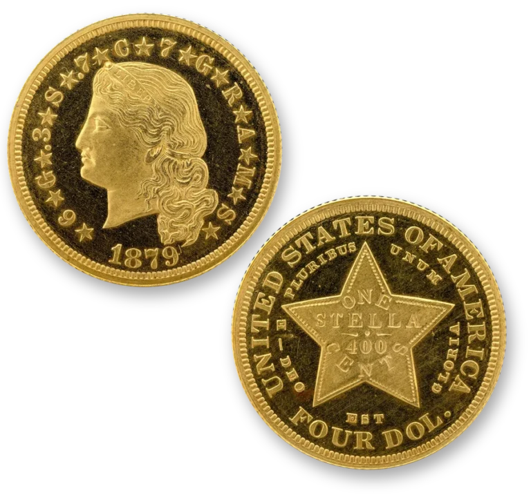 Obverse and reverse of an 1879 Flowing Hair $4 Stella gold pattern, one of the most famous rare U.S. coins