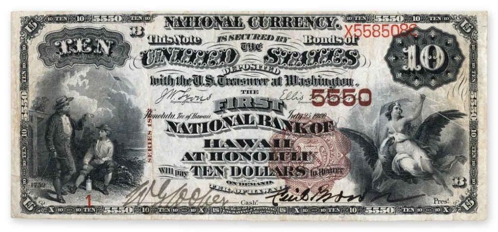 A Series 1882 $10 Brown Back National Bank Note from the First National Bank of Honolulu, charter 5550, serial number 1