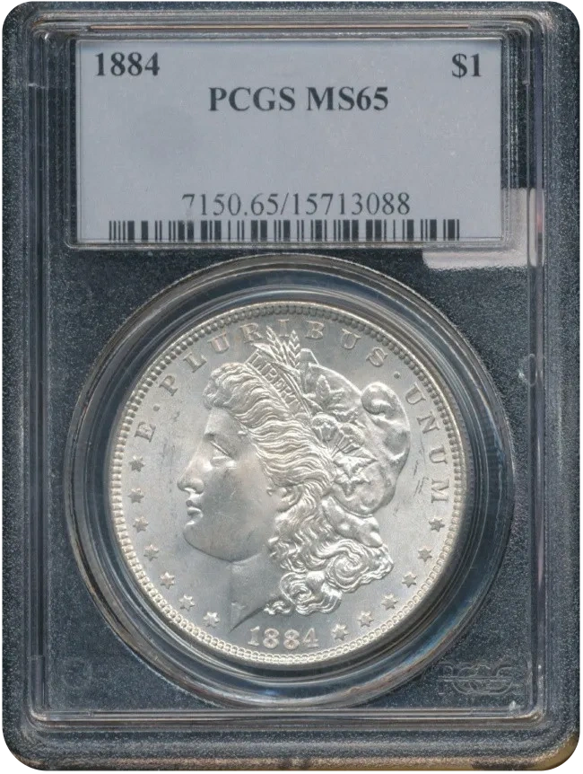1884 Morgan silver dollar graded PCGS MS65 in a PCGS holder