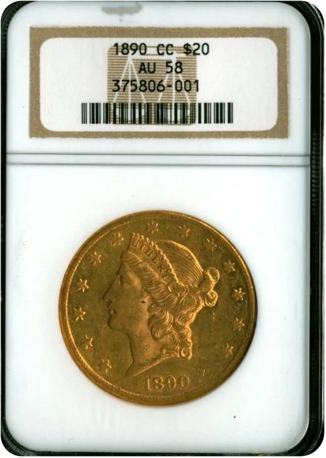1890-CC Liberty Head $20 gold double eagle graded NGC AU58 in an NGC holder