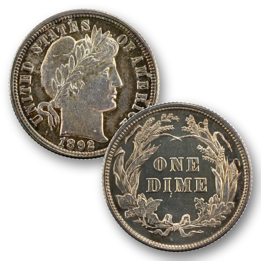 Obverse and reverse of an 1892 Barber dime, the first year of the Barber design, with ONE DIME in a wreath