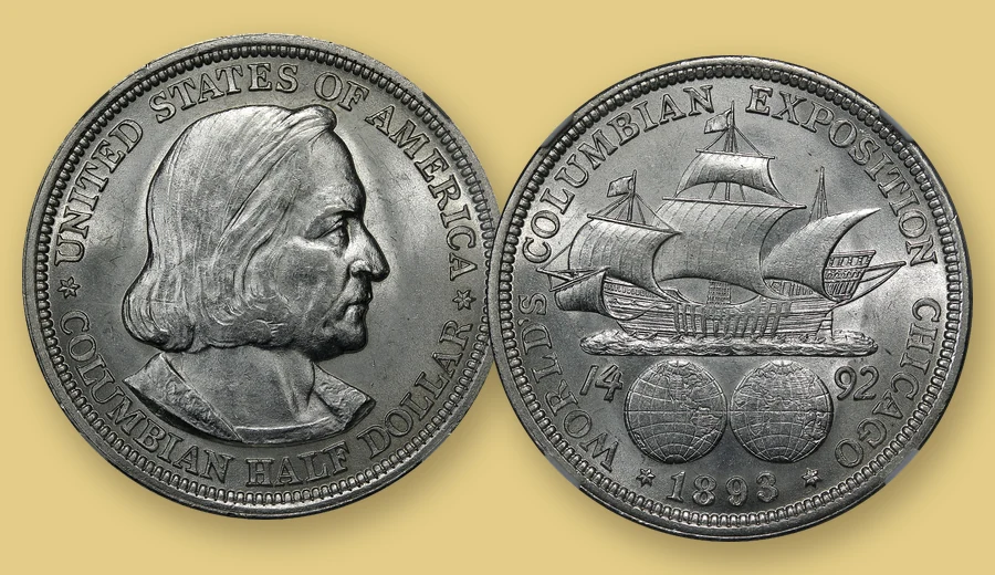 Obverse with Christopher Columbus and reverse with the Santa Maria of an 1893 Columbian Exposition commemorative half dollar
