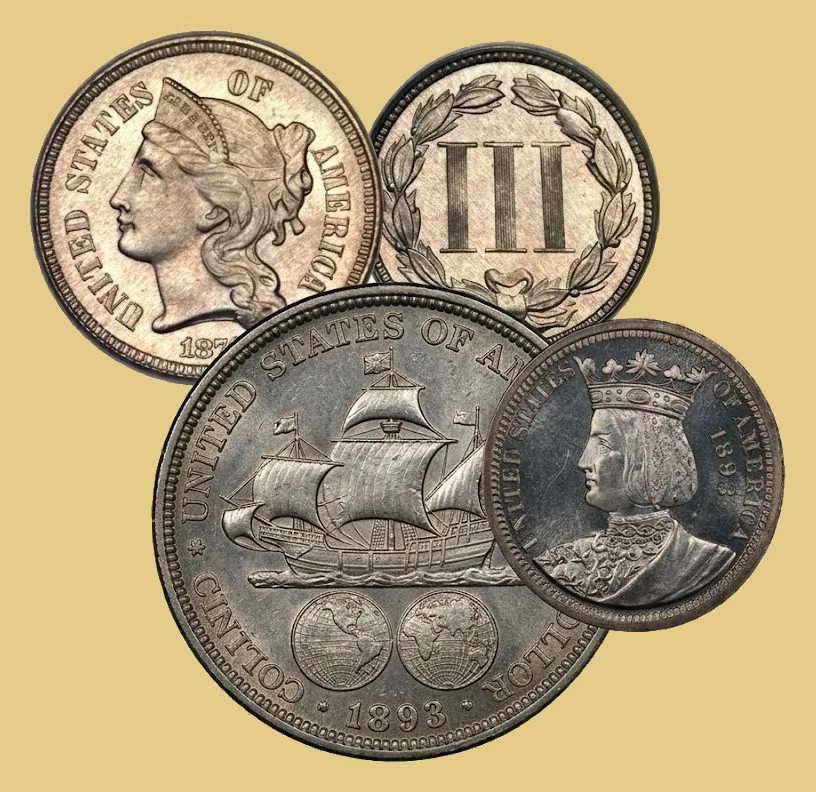 1893 Columbian Exposition half dollar, 1893 Isabella quarter, and the obverse and reverse of a three-cent nickel