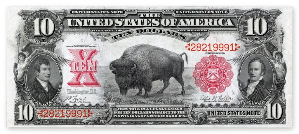 A Series 1901 $10 Legal Tender large-size note with an American bison at center between portraits of Lewis and Clark