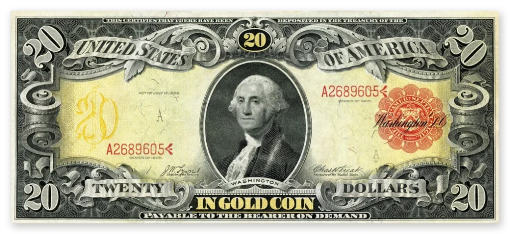 A Series 1905 $20 gold certificate with George Washington and gold and red coloring, known as the Technicolor note