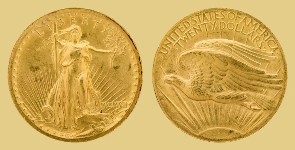 Obverse and reverse of a 1907 High Relief Saint-Gaudens $20 gold double eagle showing Liberty and the flying eagle