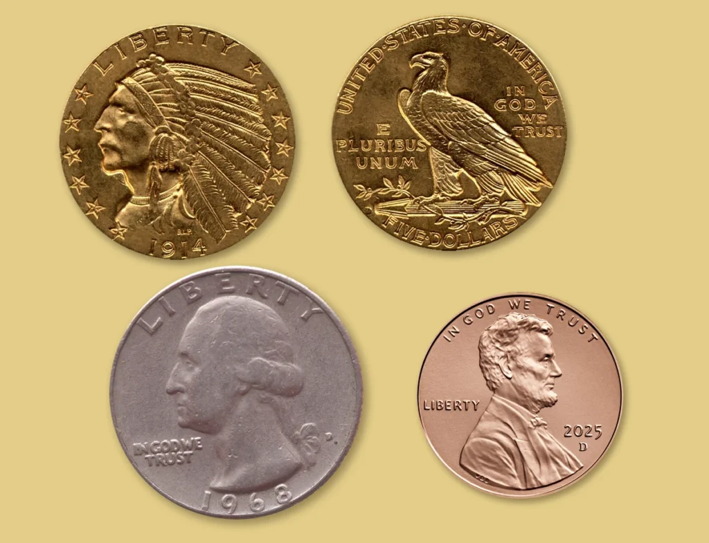 Both sides of a 1914-D Indian Head half eagle $5 gold coin with a 1968-D Washington quarter and a 2025-D Lincoln cent, all struck at the Denver Mint
