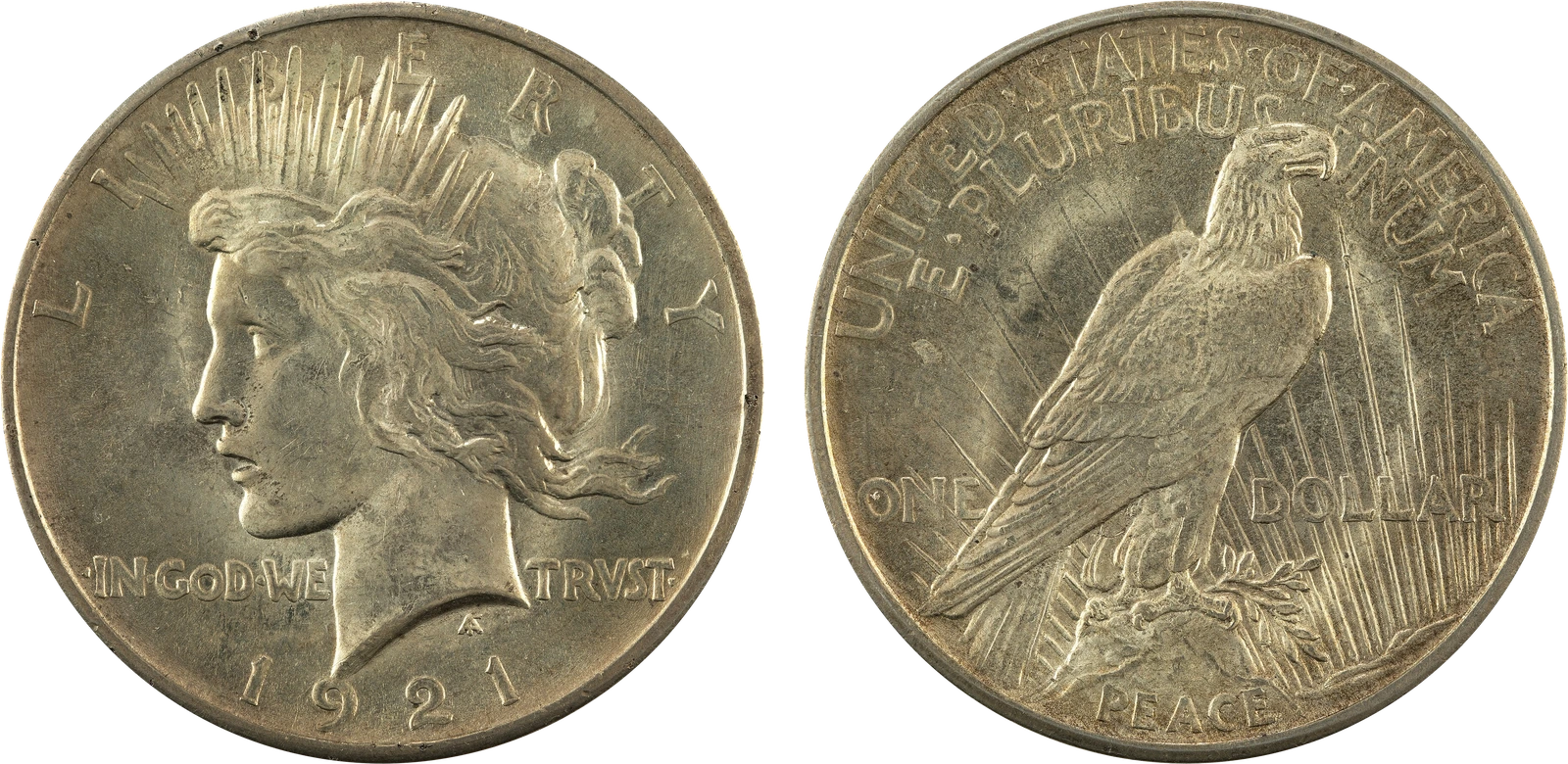 1921 high relief Peace silver dollar, obverse with Liberty in a radiate crown and reverse with an eagle perched on a rock above the word PEACE