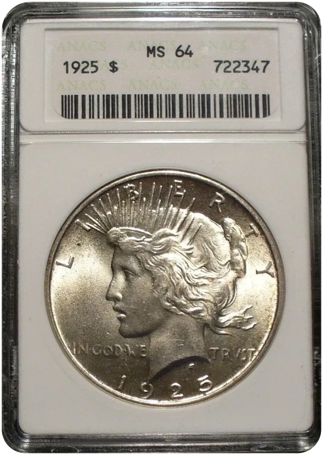 1925 Peace silver dollar graded ANACS MS64 in an ANACS holder