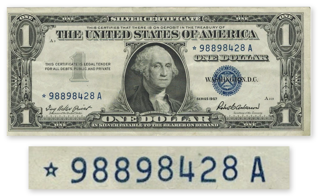 A Series 1957 $1 silver certificate star note with George Washington and a blue seal, above an enlarged close-up of the star before its serial number