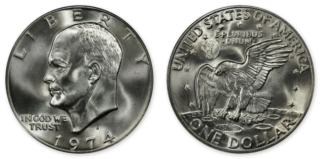 Obverse and reverse of a 1974-S Eisenhower 40% silver dollar with the S mint mark above the date, at true relative size