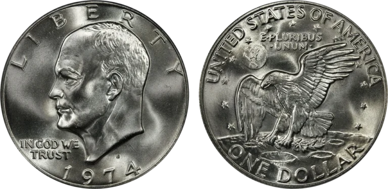 1974-S Eisenhower dollar, obverse with Dwight D. Eisenhower portrait and S mint mark and reverse with an eagle landing on the moon