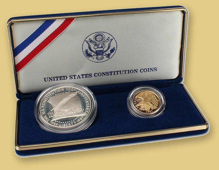 1987 United States Constitution commemorative proof silver dollar and five dollar gold coin in the original U.S. Mint box