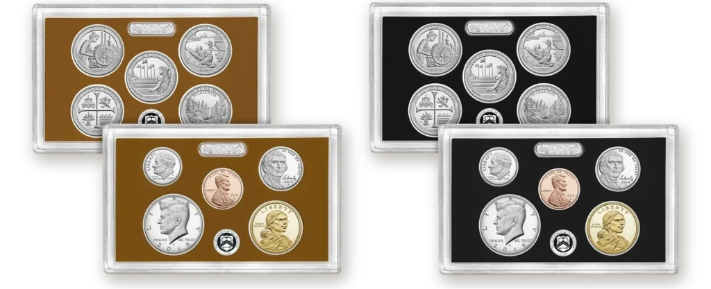 2019 U.S. Mint clad proof set and 2019 silver proof set, each with America the Beautiful quarters, Kennedy half dollar, Sacagawea dollar and minor coins
