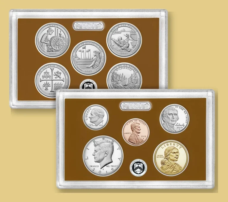 2019 United States Mint proof set with five America the Beautiful quarters and the cent, nickel, dime, half dollar and dollar in two lenses