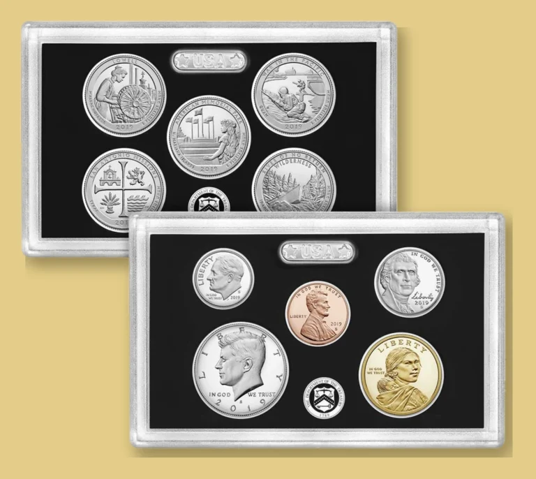 2019 United States Mint silver proof set with silver quarters, dime, half dollar and dollar coins in black-backed lenses