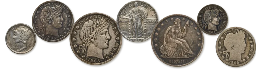 Pre-1965 90% silver coins: 1918-S Mercury dime, 1905 Barber quarter, 1905 Barber half dollar, 1919 Standing Liberty quarter, 1859 Seated Liberty half dollar, 1905 Barber dime and 1899 Barber quarter