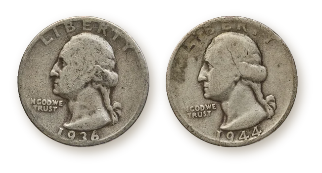 1936 and 1944-S Washington quarters, pre-1965 90% silver quarters