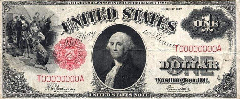 Altered 1917 one dollar United States note with serial numbers reading T00000000A