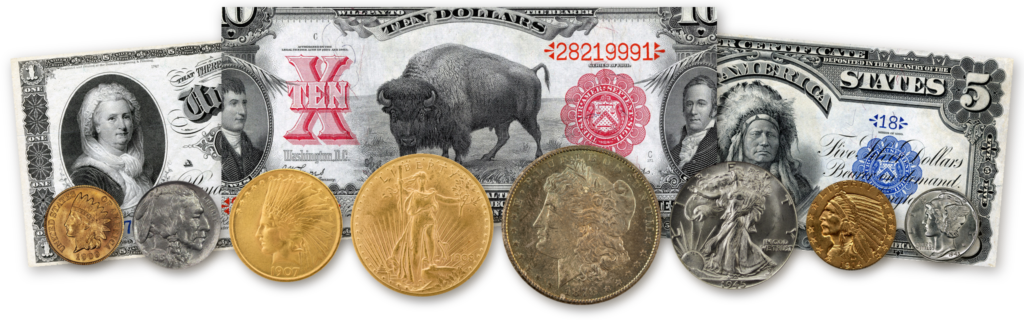 Business-strike U.S. coins at true relative size, including an 1878-CC Morgan silver dollar, a 1908-D Saint-Gaudens $20 gold double eagle and a 1907 Indian Head $10 gold eagle, in front of a 1901 $10 Bison note, an 1886 $1 Martha Washington silver certificate and an 1899 $5 Indian Chief silver certificate