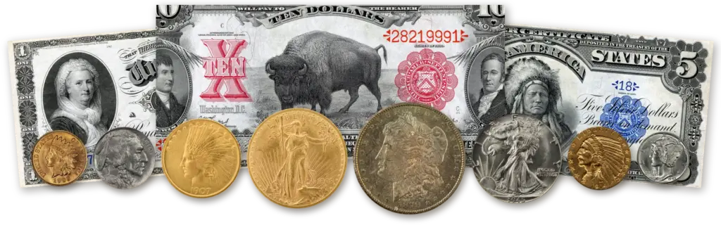 Business-strike U.S. coins at true relative size, including an 1878-CC Morgan silver dollar, a 1908-D Saint-Gaudens $20 gold double eagle and a 1907 Indian Head $10 gold eagle, in front of a 1901 $10 Bison note, an 1886 $1 Martha Washington silver certificate and an 1899 $5 Indian Chief silver certificate