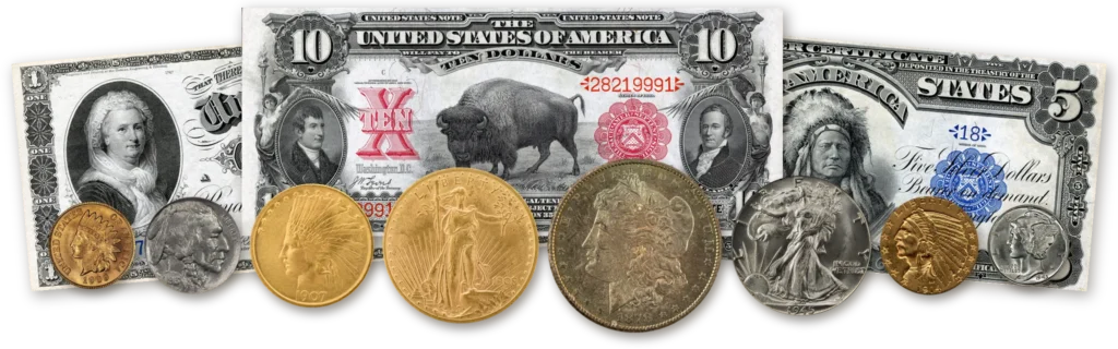 Business-strike U.S. coins at true relative size, including an 1878-CC Morgan silver dollar, a 1908-D Saint-Gaudens $20 gold double eagle and a 1907 Indian Head $10 gold eagle, in front of a full 1901 $10 Bison note, an 1886 $1 Martha Washington silver certificate and an 1899 $5 Indian Chief silver certificate