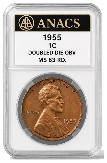 A 1955 Double Die Lincoln Cent certified by ANACS, experts in coin varieties and errors.