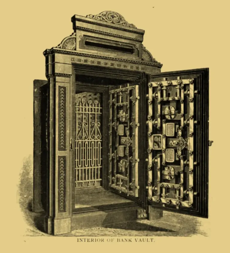 19th-century engraving of an open bank vault door at Ocean National Bank, on a gold background