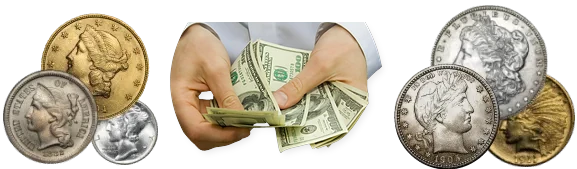 Hands in white shirt sleeves counting cash between gold and silver coins: a free coin collection appraisal, with an offer only if you choose to sell