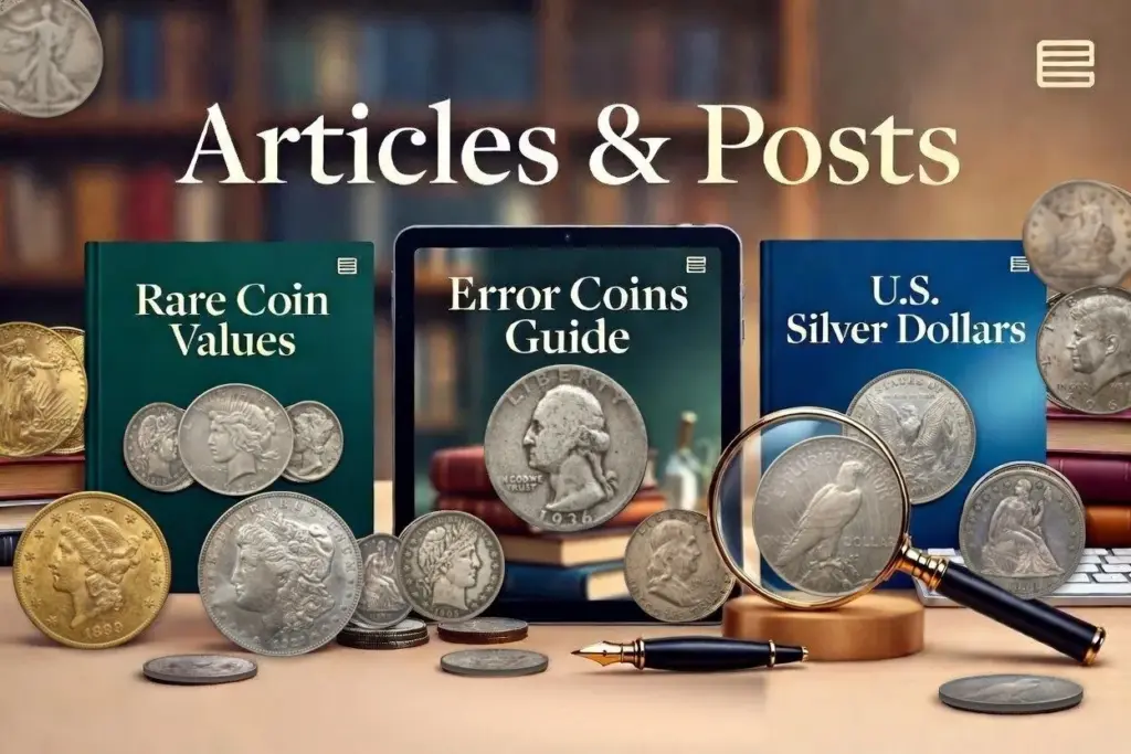 Articles and Posts banner with real U.S. coins including Morgan, Peace and Trade silver dollars, a Saint-Gaudens double eagle and Walking Liberty half dollar under a magnifying glass