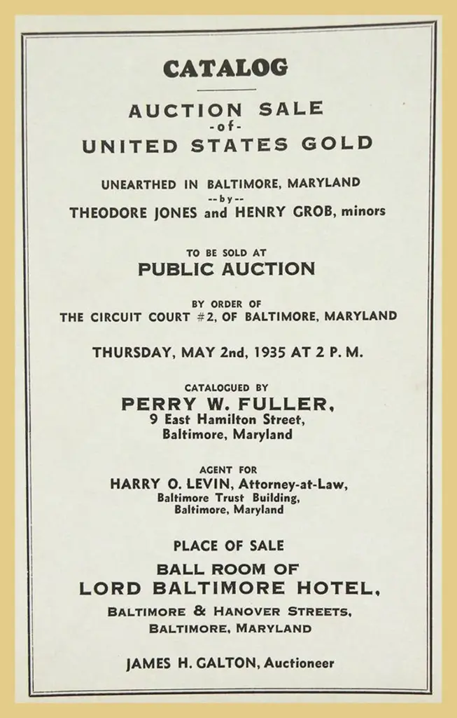 Baltimore Gold Hoard 1935 Court-Ordered Auction Catalog Cover of the 1935 catalog for the court-ordered public auction of the Baltimore gold hoard, sold by order of the Circuit Court of Baltimore