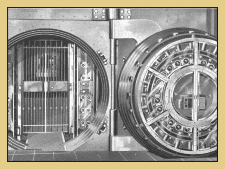 Historic round bank vault doors of the Cleveland Trust Company safe deposit vault, 1908