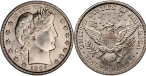 Obverse and reverse sides of standard and toned Barber half dollars from 1893 and 1904, illustrating condition rarity for collectors.