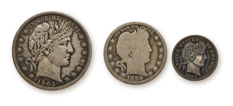 A 1905 Barber half dollar, an 1899 Barber quarter and a 1905 Barber dime, older silver coins that can be worth more than melt value
