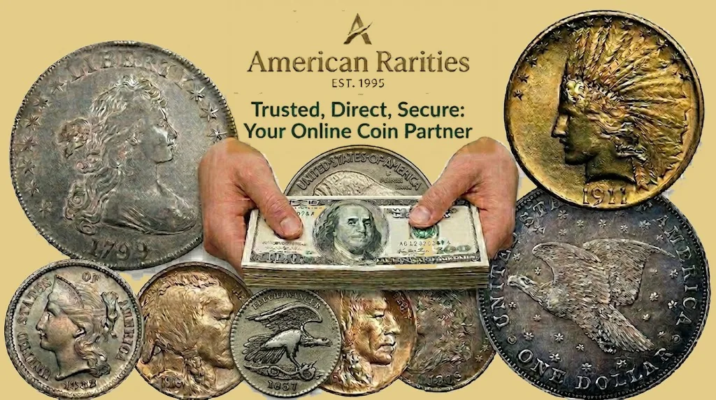 American Rarities logo with rare US coins and a stack of cash: sell your coins online for a free appraisal