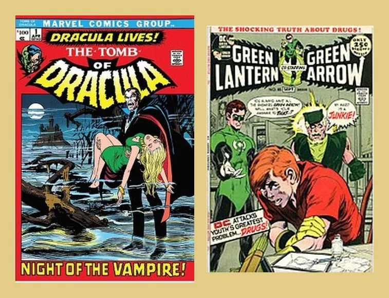 Bronze Age Tomb of Dracula No. 1 beside a Green Lantern Green Arrow cover about the shocking truth about drugs