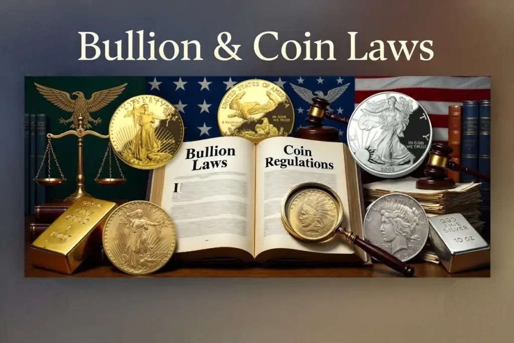 Bullion and Coin Laws banner with an open law book, gavel, American Gold Eagle obverse and reverse, American Silver Eagle, Saint-Gaudens double eagle and Peace dollar