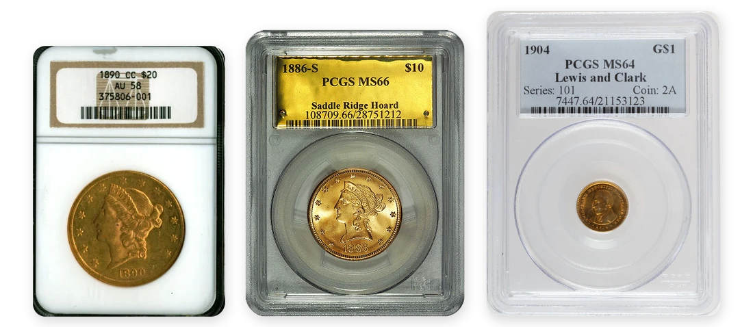 Three certified gold coins in grading holders: an 1890-CC double eagle graded NGC AU58, an 1886-S eagle from the Saddle Ridge Hoard graded PCGS MS66 and a 1904 Lewis and Clark gold dollar graded PCGS MS64