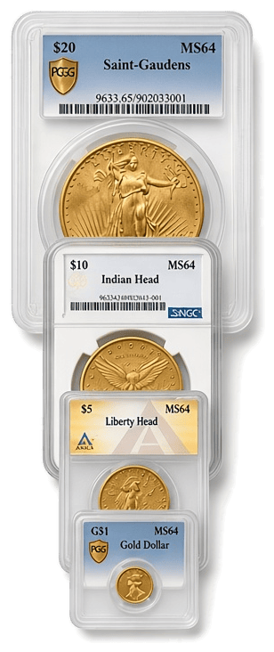 A scaled comparison of US gold coin denominations in professional grading slabs.