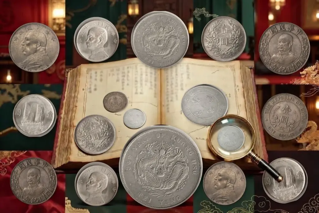 Real Chinese silver dollars including the Pei Yang dragon dollar, Yuan Shikai Fat Man dollar, 1912 Li Yuanhong dollar and 1932 Sun Yat-sen junk dollar, with a dragon dollar under a magnifying glass