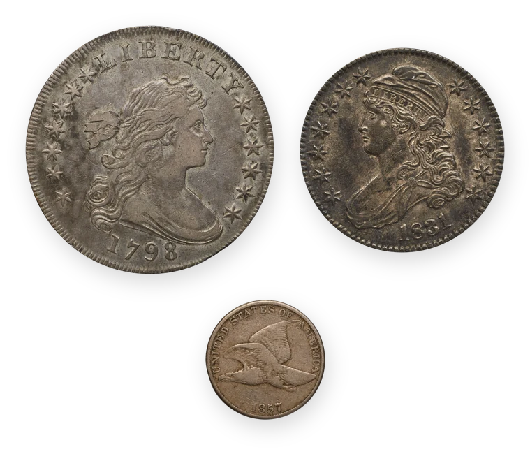 A 1798 Draped Bust silver dollar and an 1831 Capped Bust half dollar above a smaller 1857 Flying Eagle cent, at true relative size