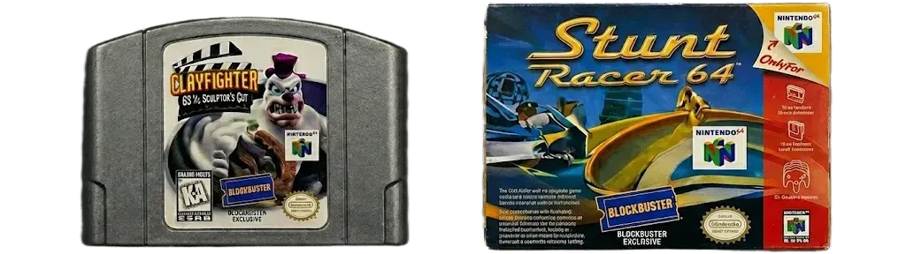 The rare ClayFighter 63 1/3 Sculptor's Cut cartridge and original box, highlighting the Blockbuster Exclusive gold foil seal.