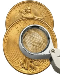 A close-up view through a magnifying glass showing abrasive cleaning scratches on a rare coin's surface.