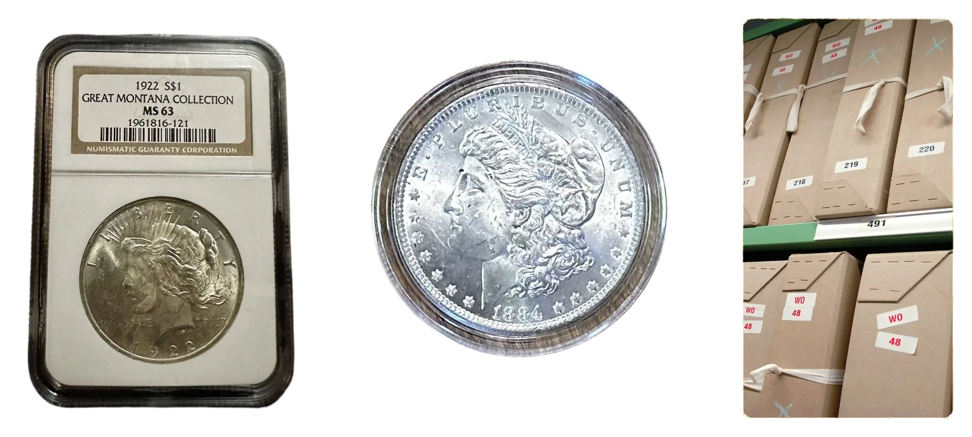 A 1922 Peace dollar in an NGC holder, an 1884 Morgan dollar in a clear coin capsule, and archival document boxes on repository shelving, on a transparent background