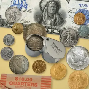 A modern chrome jeweler's loupe magnifying the 1878 date on a Morgan silver dollar, among classic U.S. gold, silver and steel coins, a wrapped roll of quarters and an 1899 $5 Indian Chief silver certificate